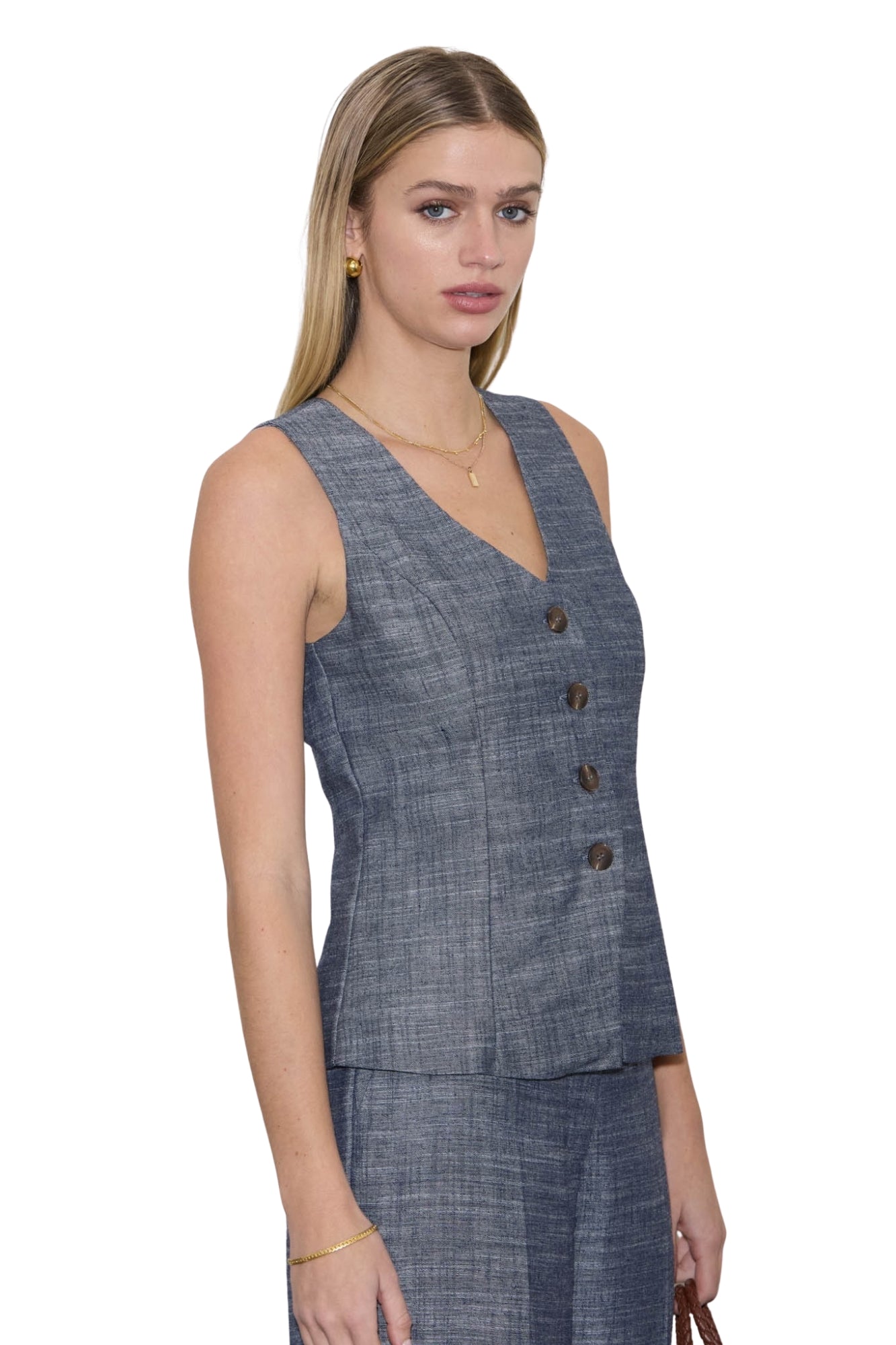 V-NECK VEST & STRAIGHT LEG PANTS LINEN SET - DENIM