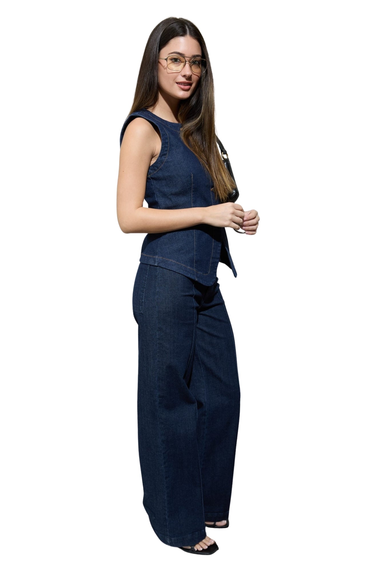 ROUND NECK VEST & WIDE LEG JEANS SET