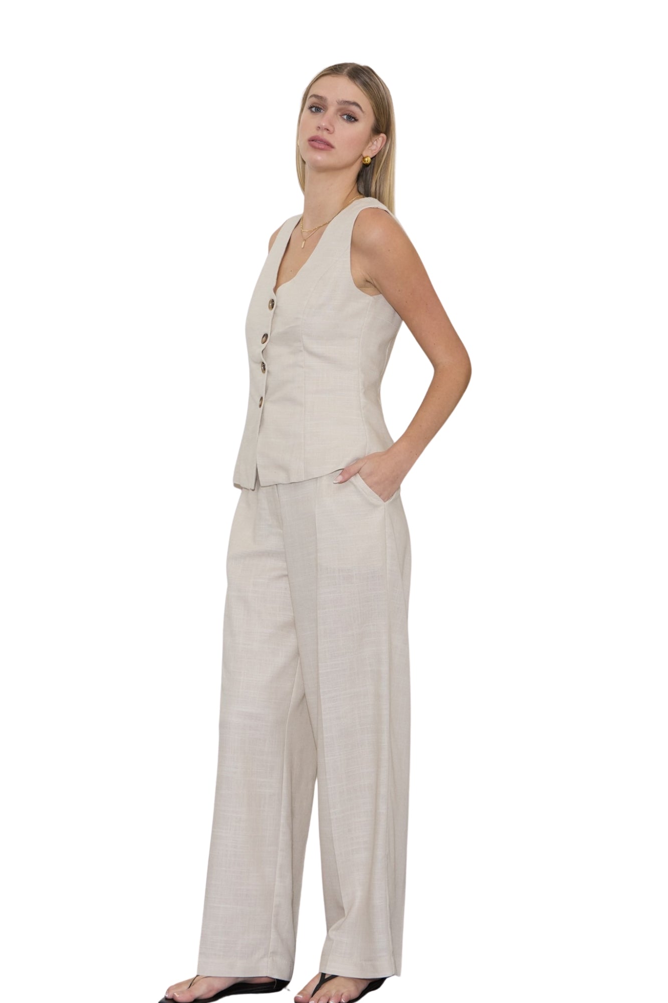 V-NECK VEST & STRAIGHT LEG PANTS LINEN SET - LIGHT KHAKI