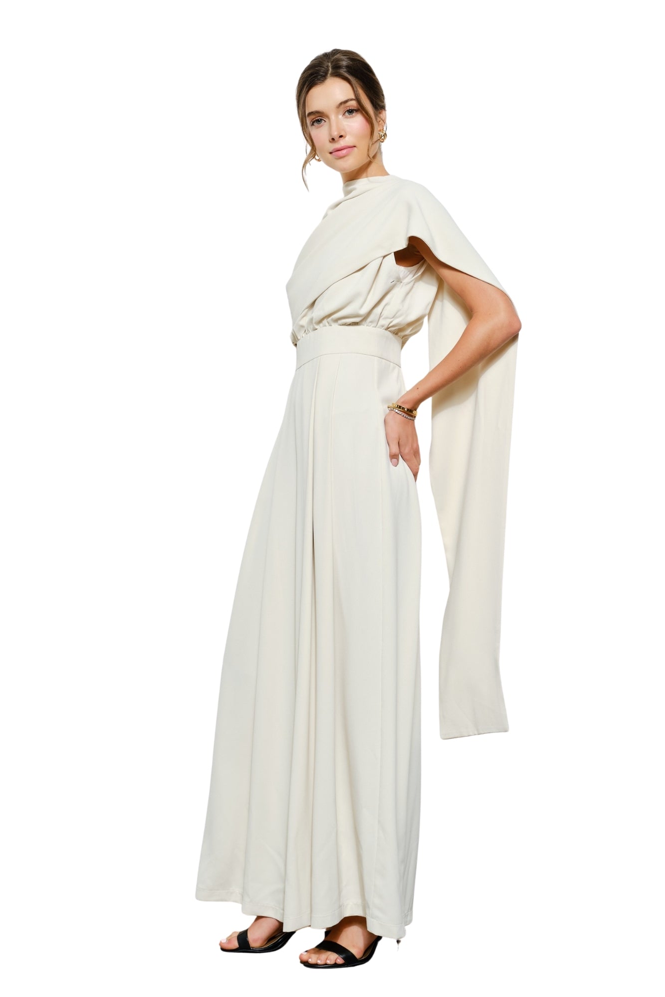 SLEVELESS DRAPED SCARF-NECK JUMPSUIT