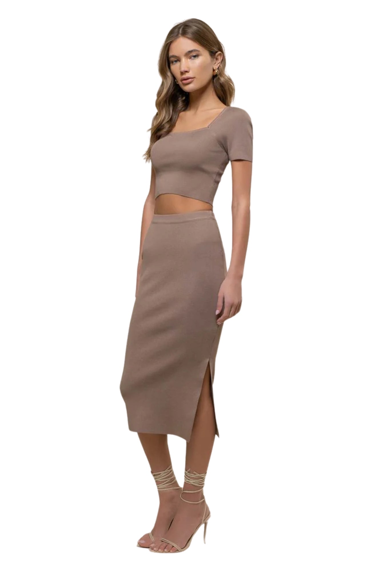 SQUARE NECK TOP & HIGH WAIST MIDI SKIRT SET - TAN