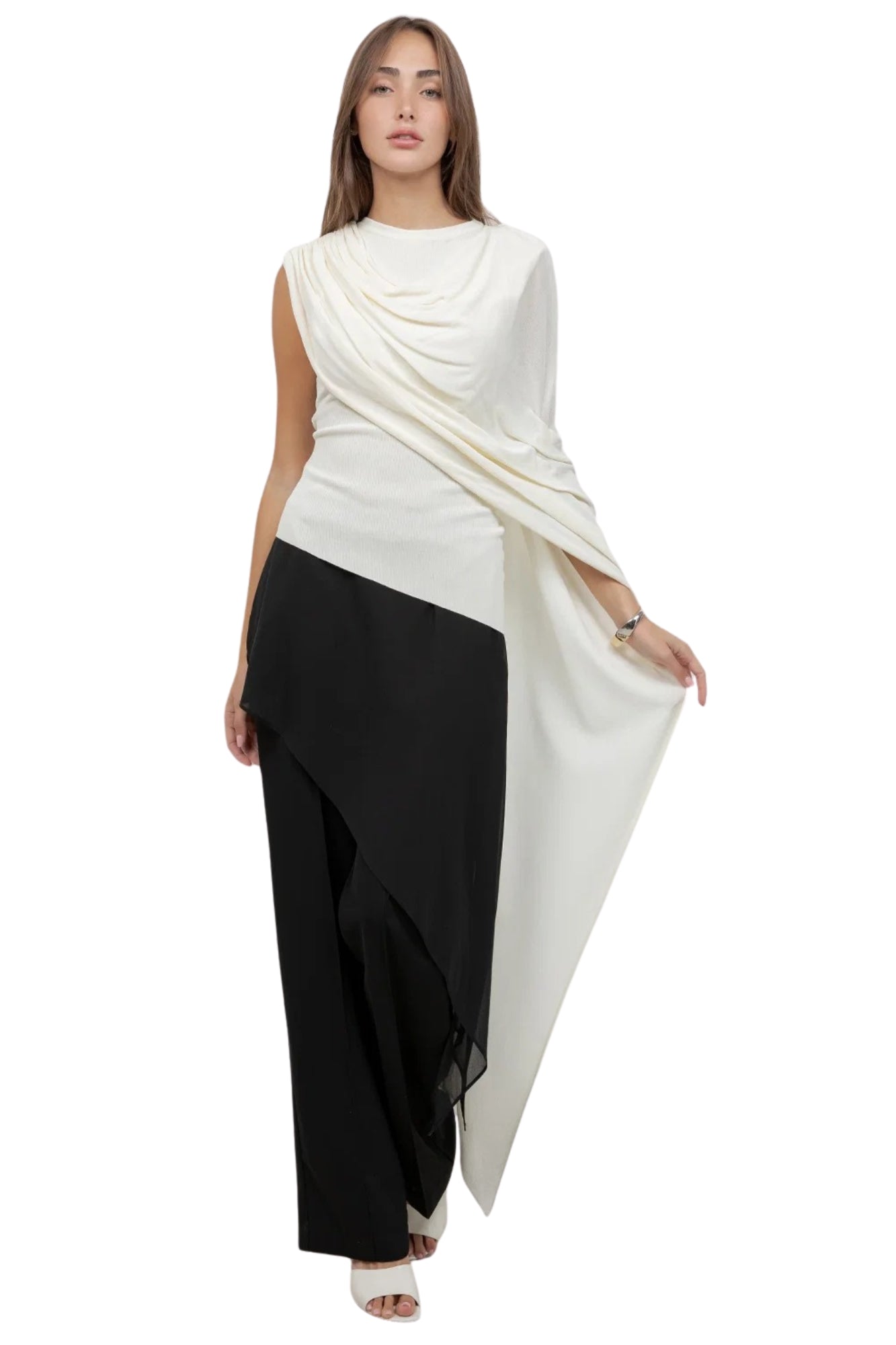 KNITTED SLEEVELESS TOP WITH ASYMMETRICAL MESH CAPE