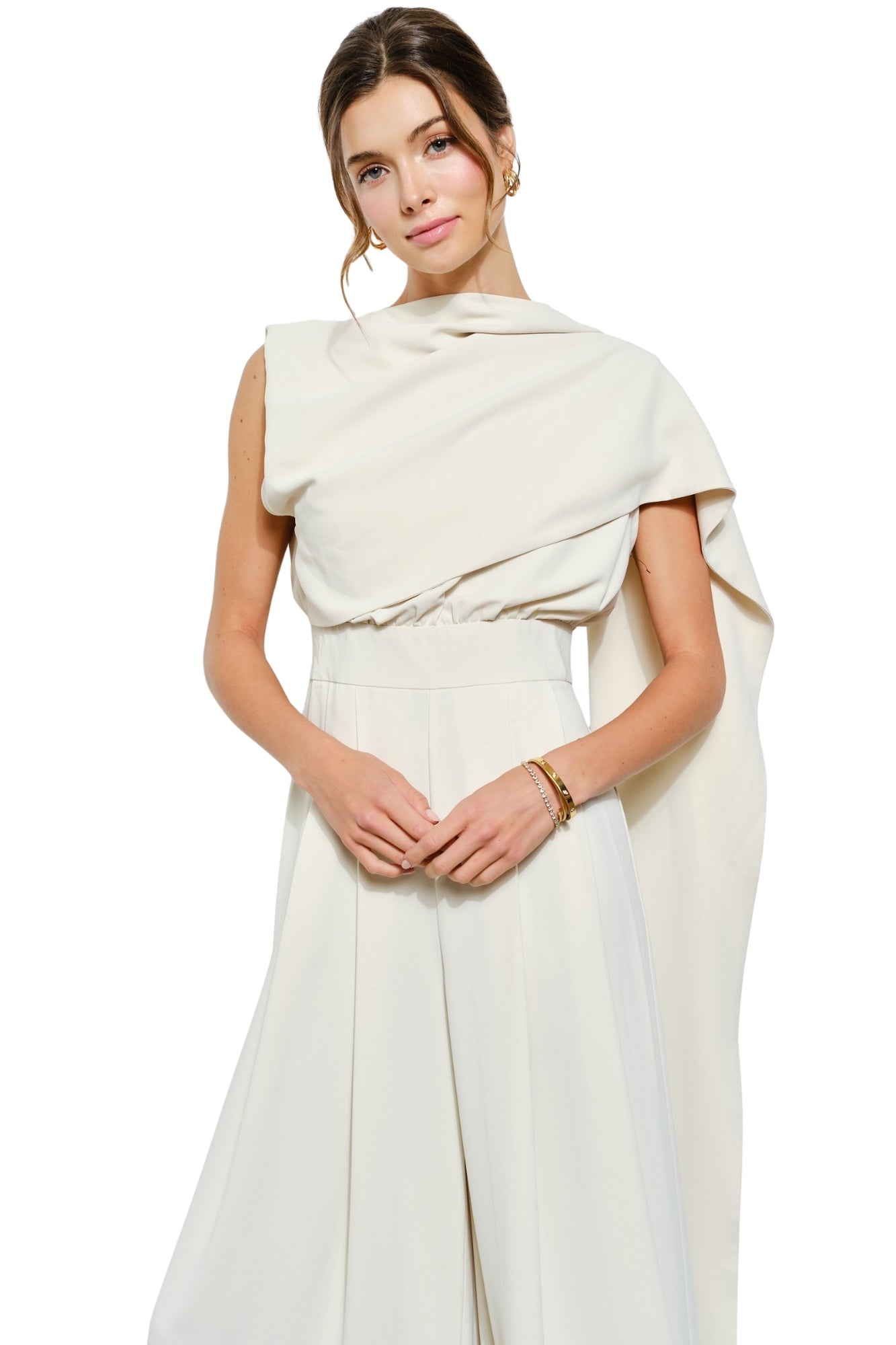 SLEVELESS DRAPED SCARF-NECK JUMPSUIT