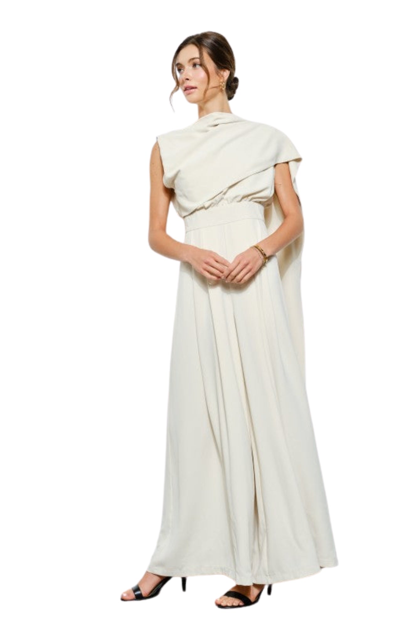 SLEVELESS DRAPED SCARF-NECK JUMPSUIT