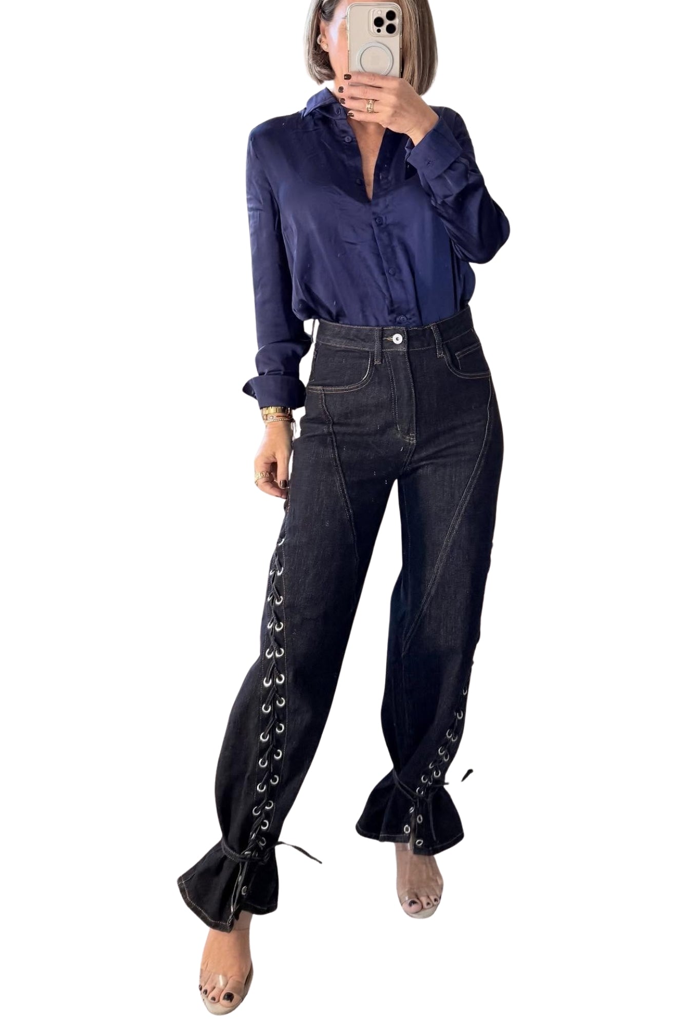 LACE UP WIDE LEG DENIM PANTS