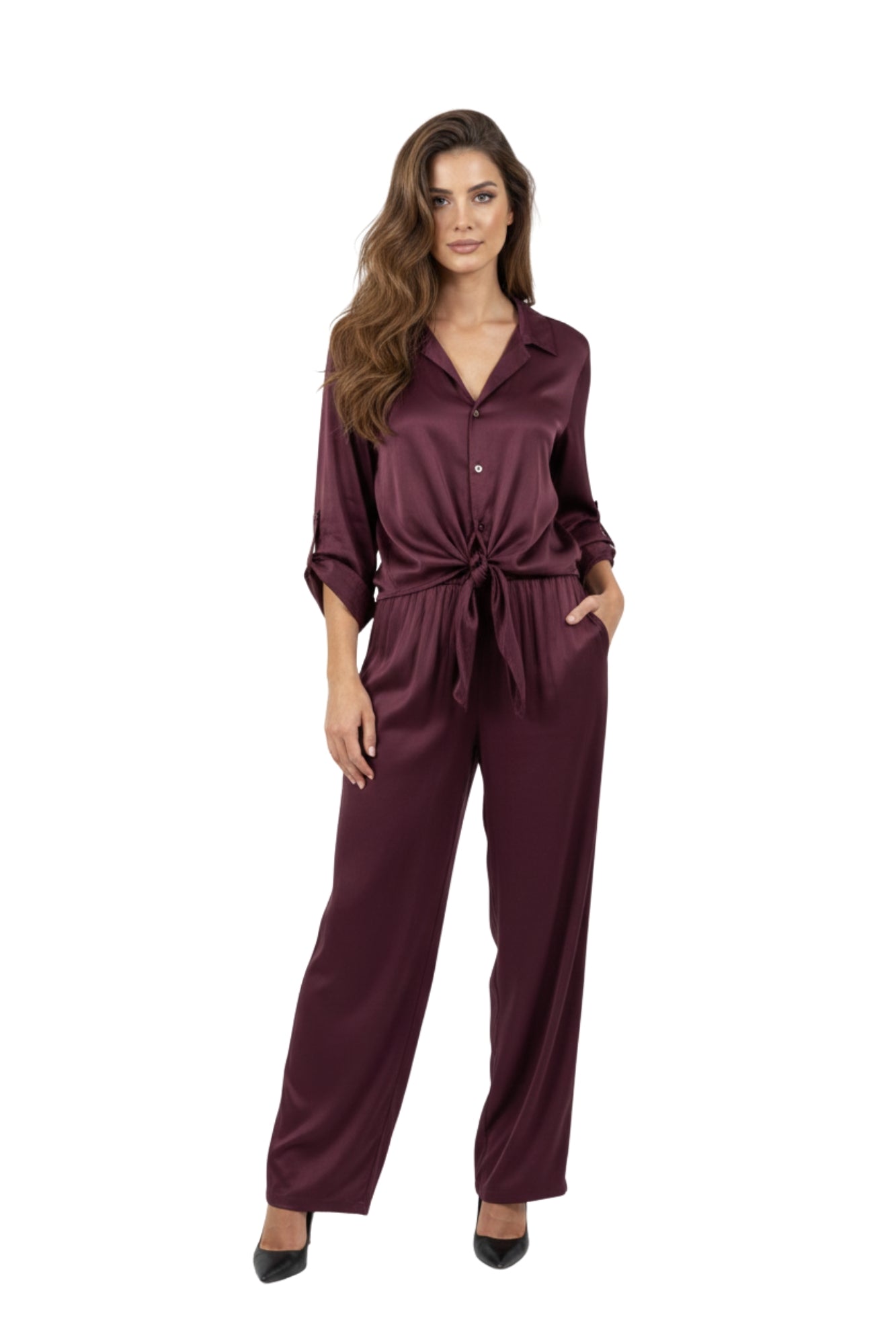 LONG SLEEVE SHIRT & PANTS SET - BURGUNDY