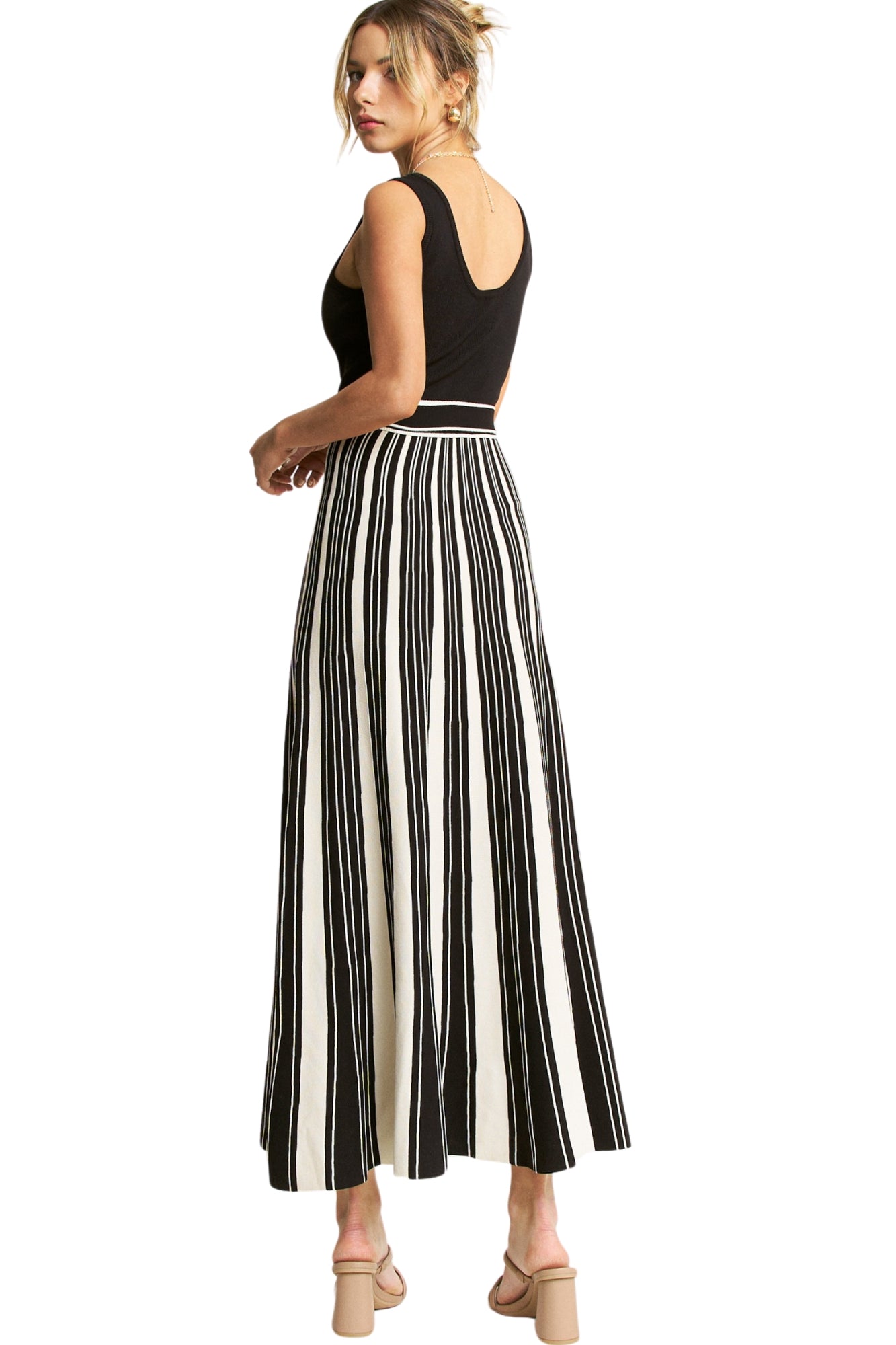 STRIPED RIB KNIT TANK MAXI DRESS W/ BELT