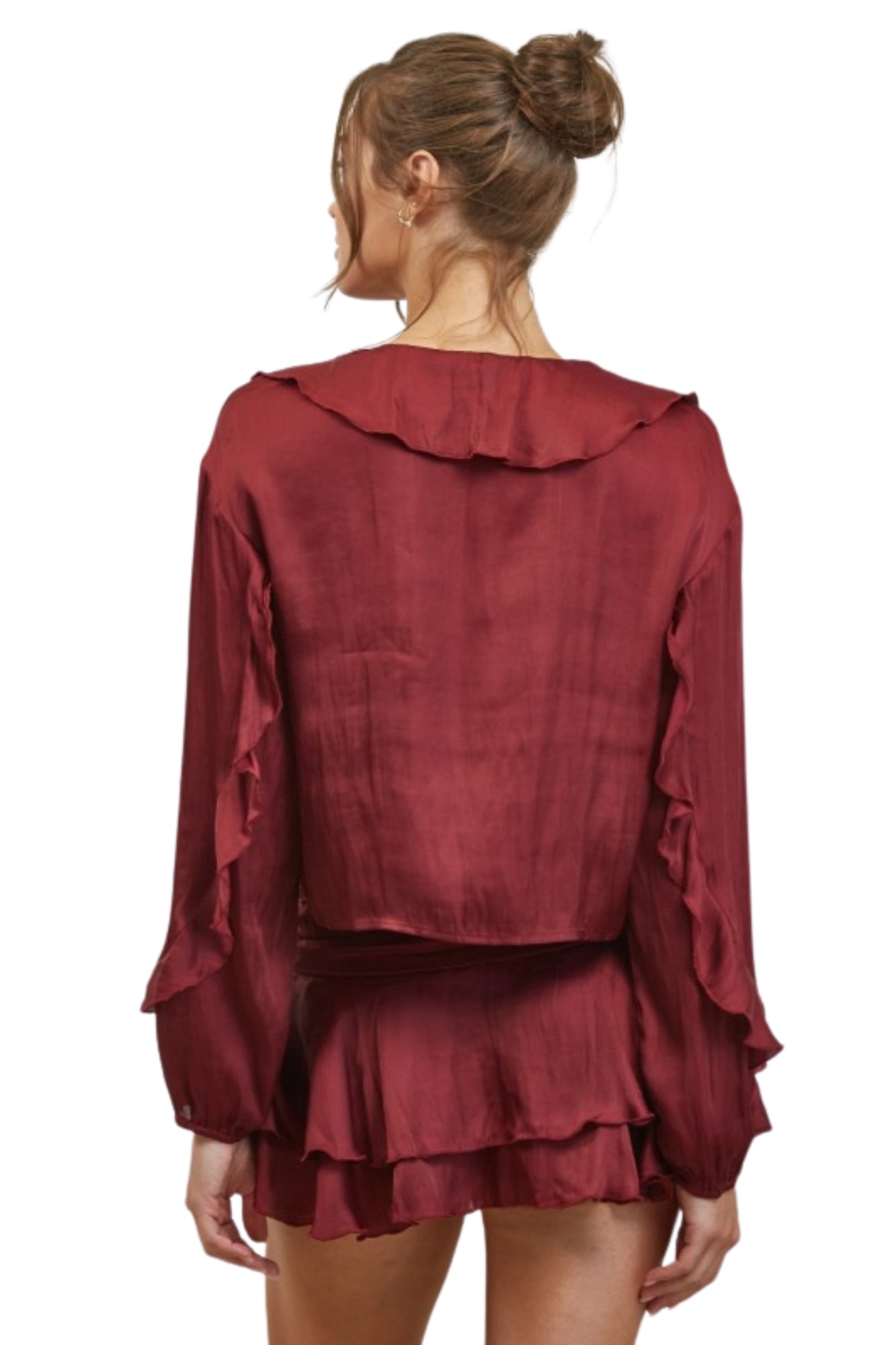 RUFFLE SATIN BLOUSE & TIERED RUFFLE MINI SKIRT SET