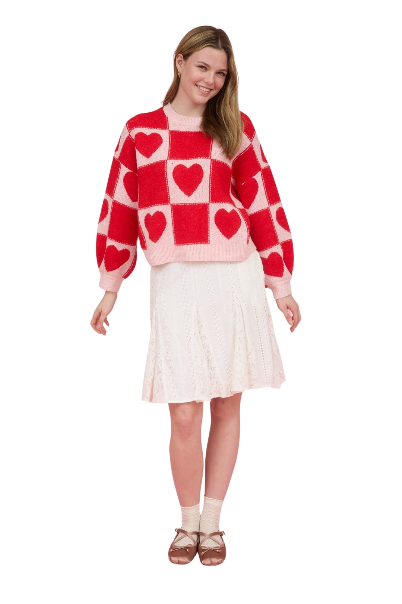 HEART CHECKERED KNIT SWEATER
