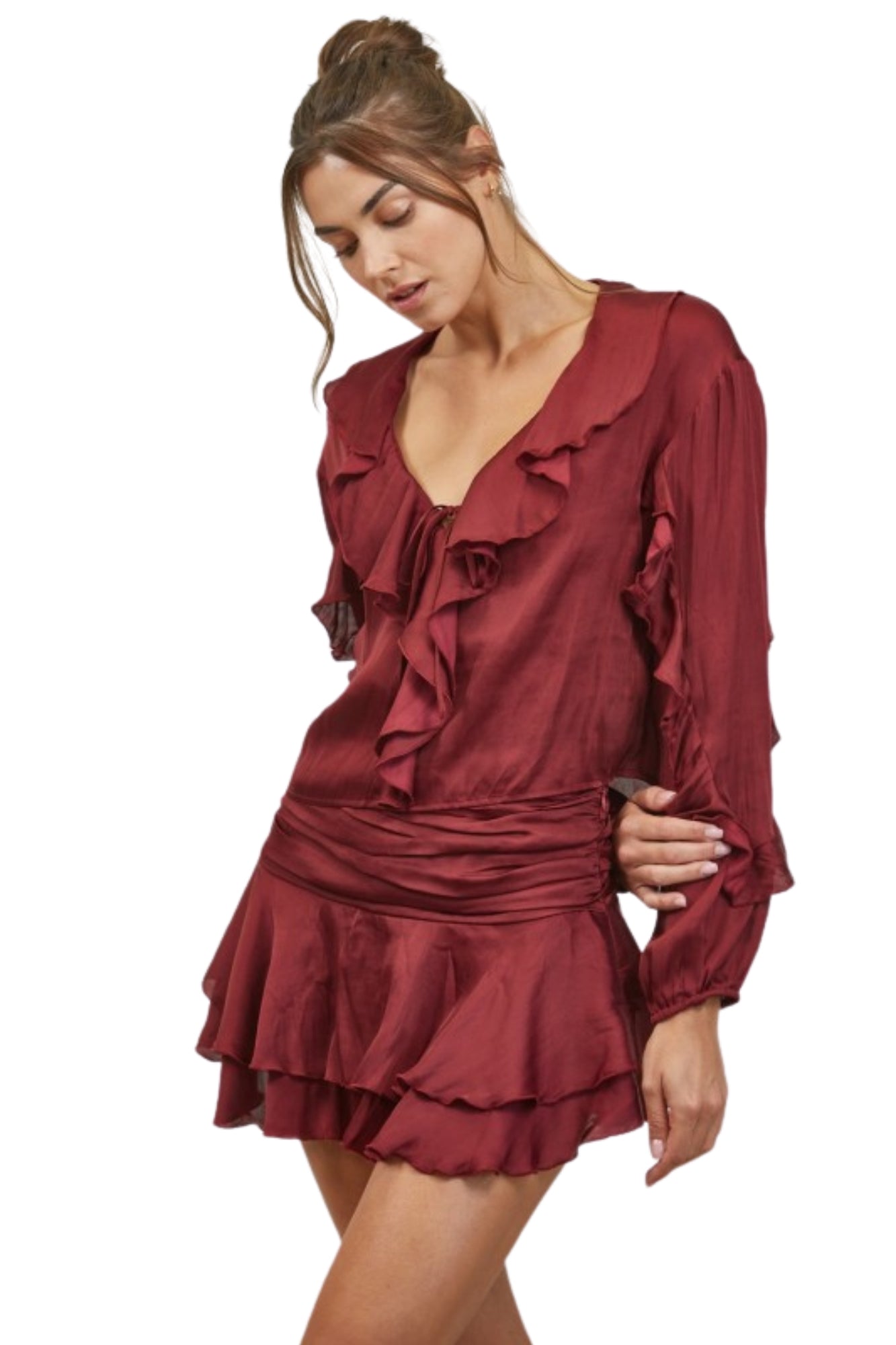 RUFFLE SATIN BLOUSE & TIERED RUFFLE MINI SKIRT SET