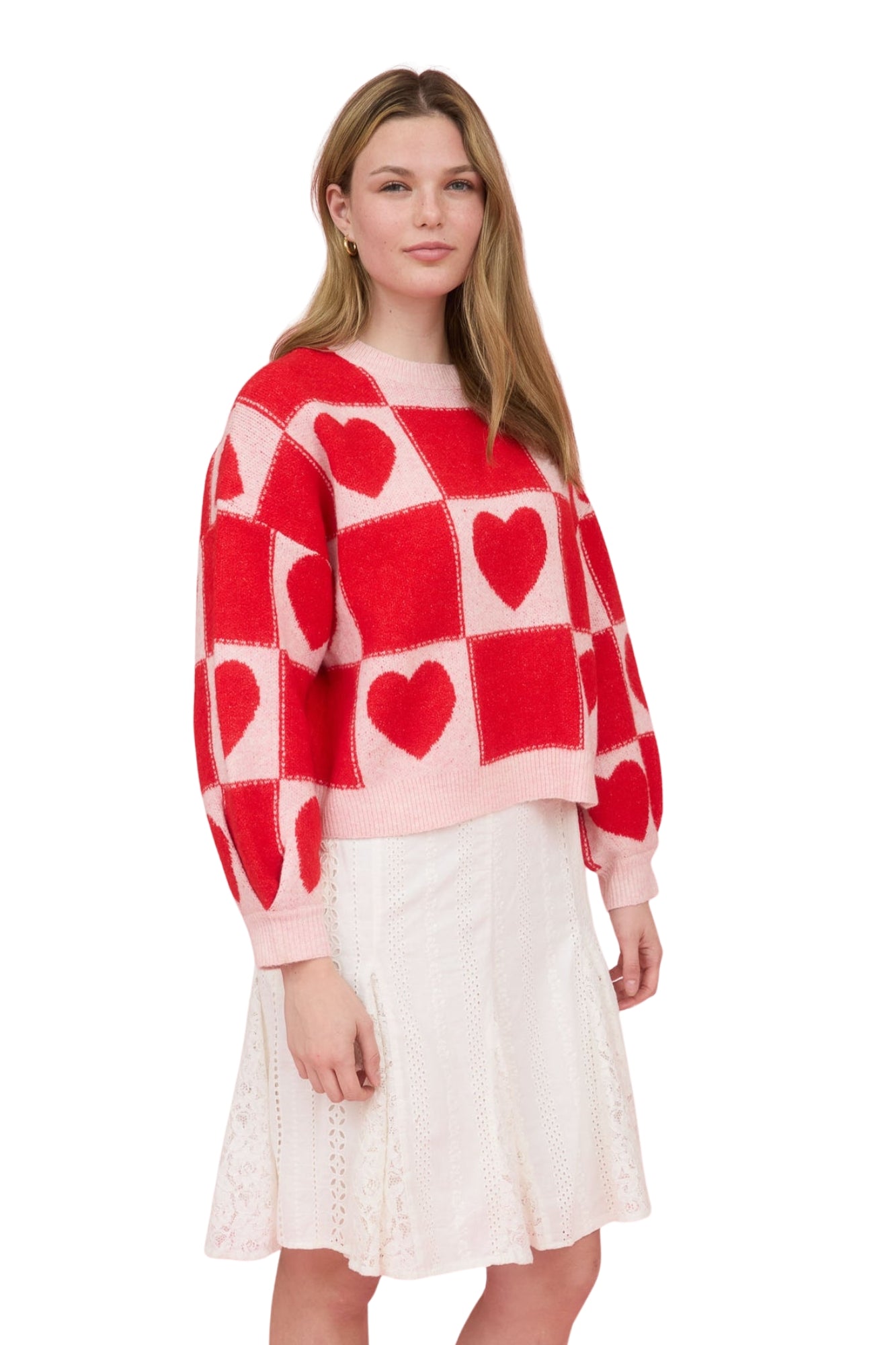 HEART CHECKERED KNIT SWEATER