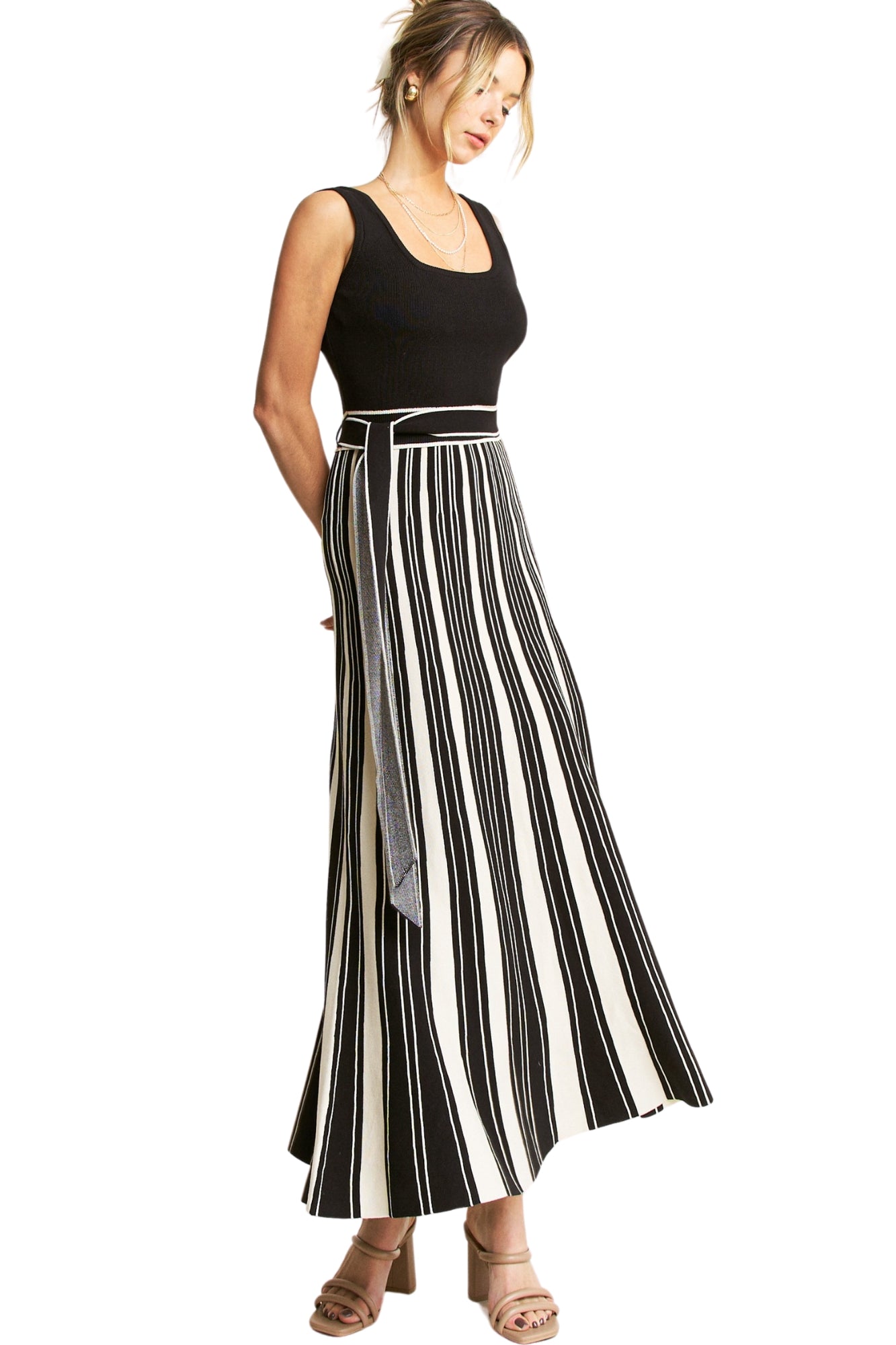 STRIPED RIB KNIT TANK MAXI DRESS W/ BELT
