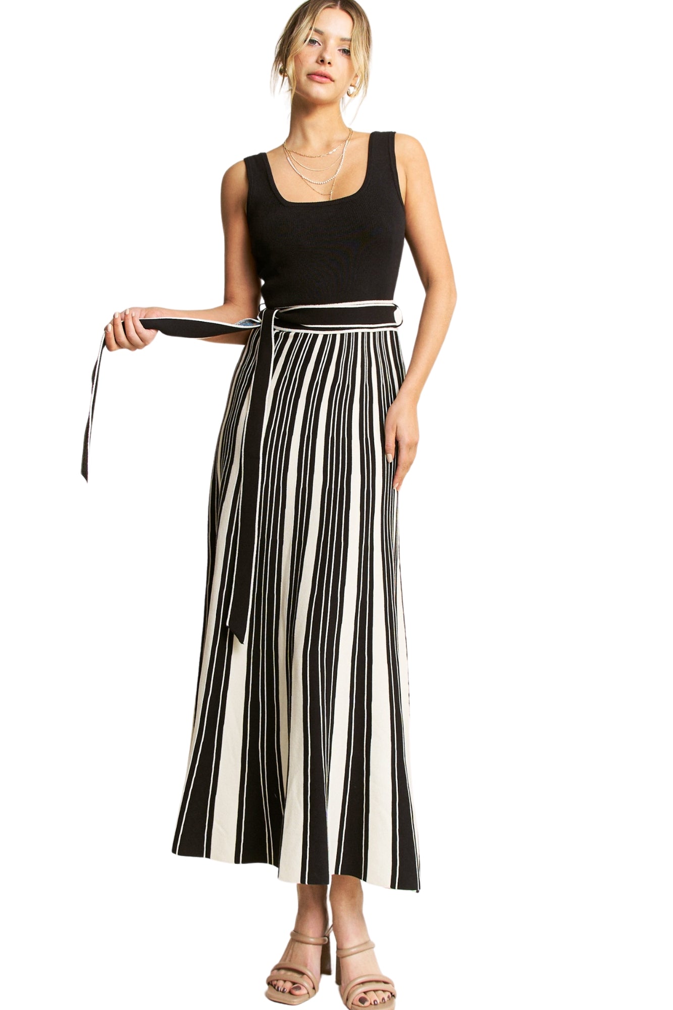 STRIPED RIB KNIT TANK MAXI DRESS W/ BELT