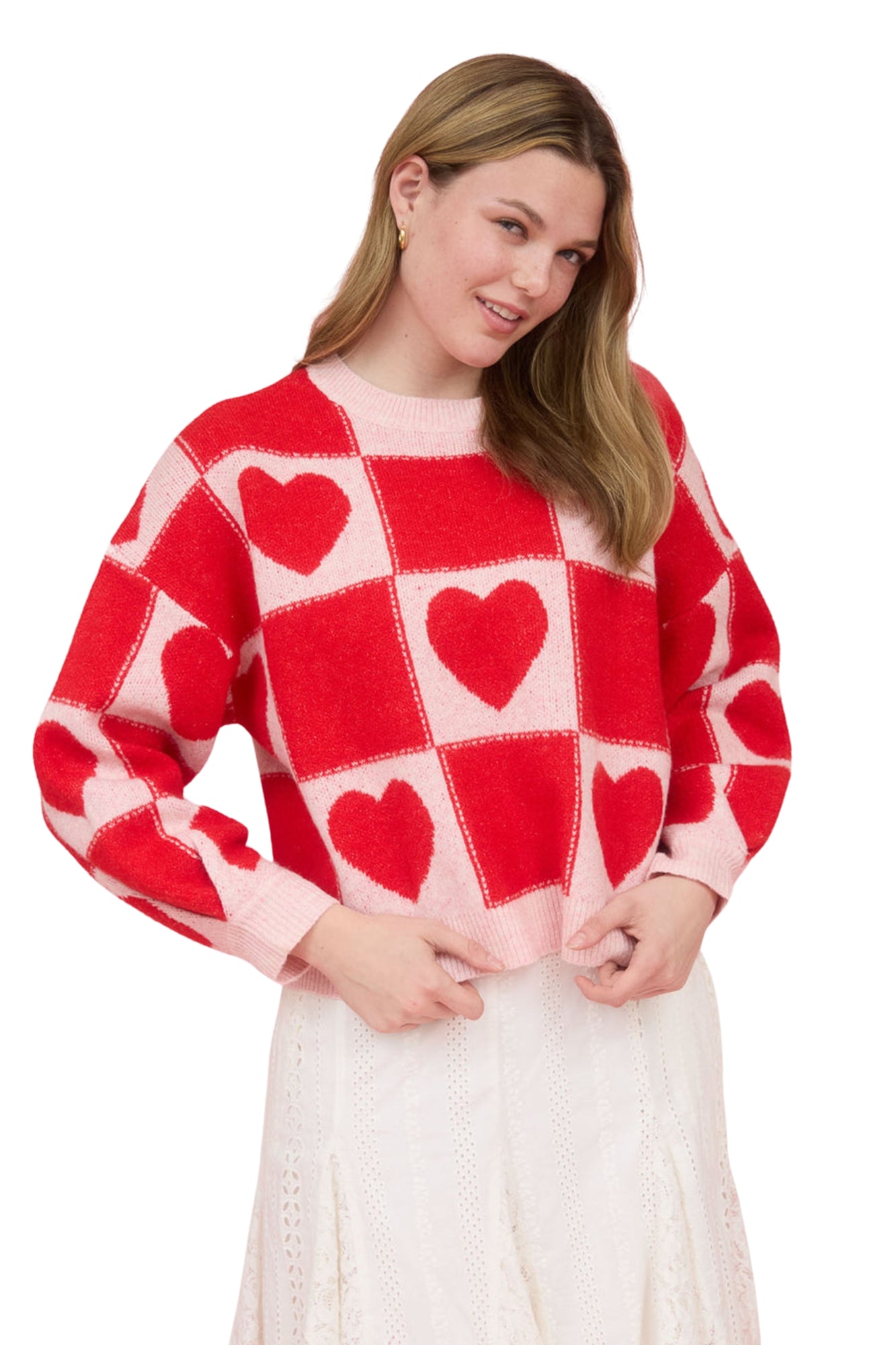 HEART CHECKERED KNIT SWEATER