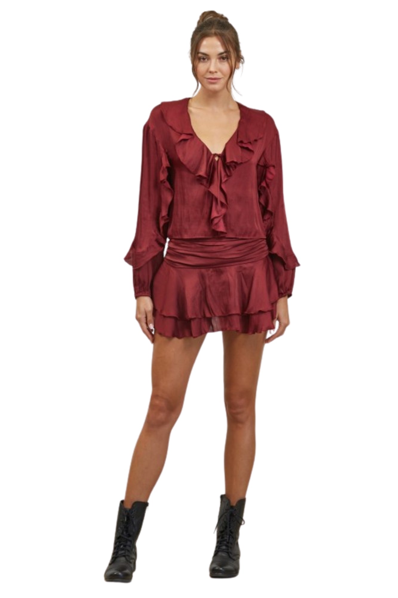 RUFFLE SATIN BLOUSE & TIERED RUFFLE MINI SKIRT SET